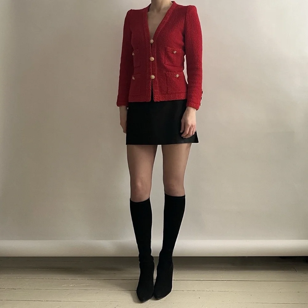 Vintage 80's Designer Adolfo Red Bouclé Wool Set with Lady Jacket & Skirt - Picture 5 of 12